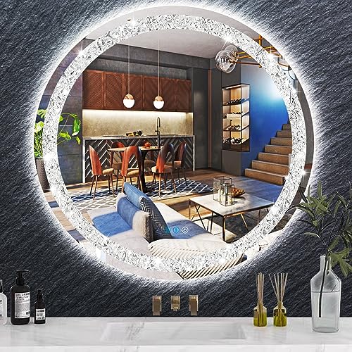 THEKLA 30 Inch Crystal Round LED Mirror Round Lighted Mirror for Bathroom Wall 30