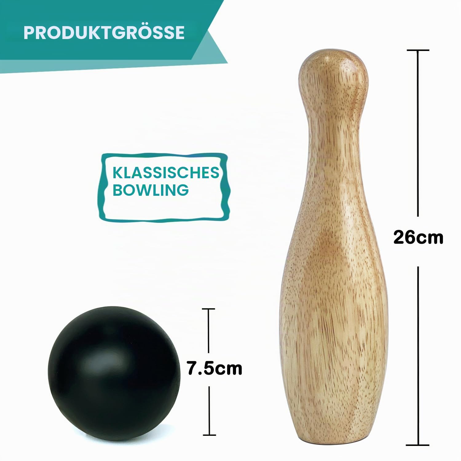 Bowlingspiel aus Holz, Wurfflaschen, Rasen-Spiel für die Familie, Spiel-Set mit Tragetasche (H 26 cm, 10 Stifte + 3 Bälle)