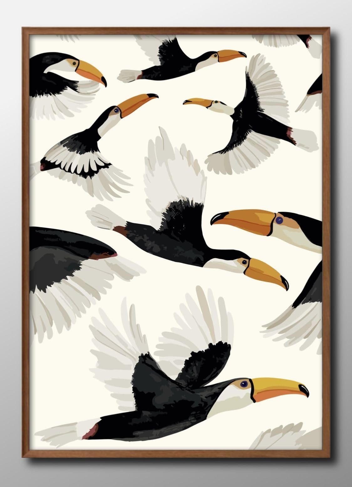 手書き油絵 湖と渡り鳥 額付き インテリア 油彩画