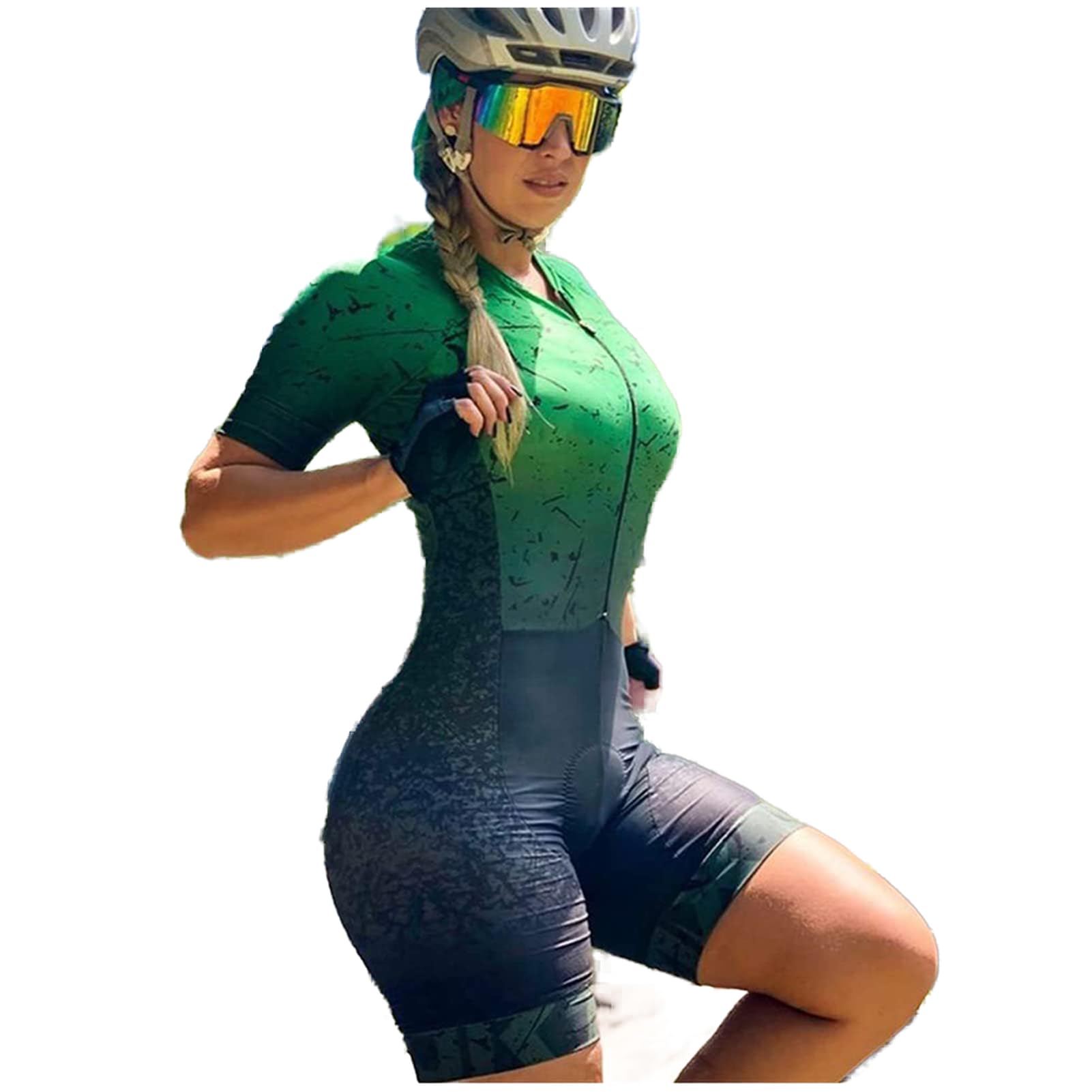 Damen Radtrikot Set, Triathlon Einteiler Bodysuit, Schnell Trockend Radtrikot Kurzarm + Radhose mit Sitzpolster Fahrradbekleidung
