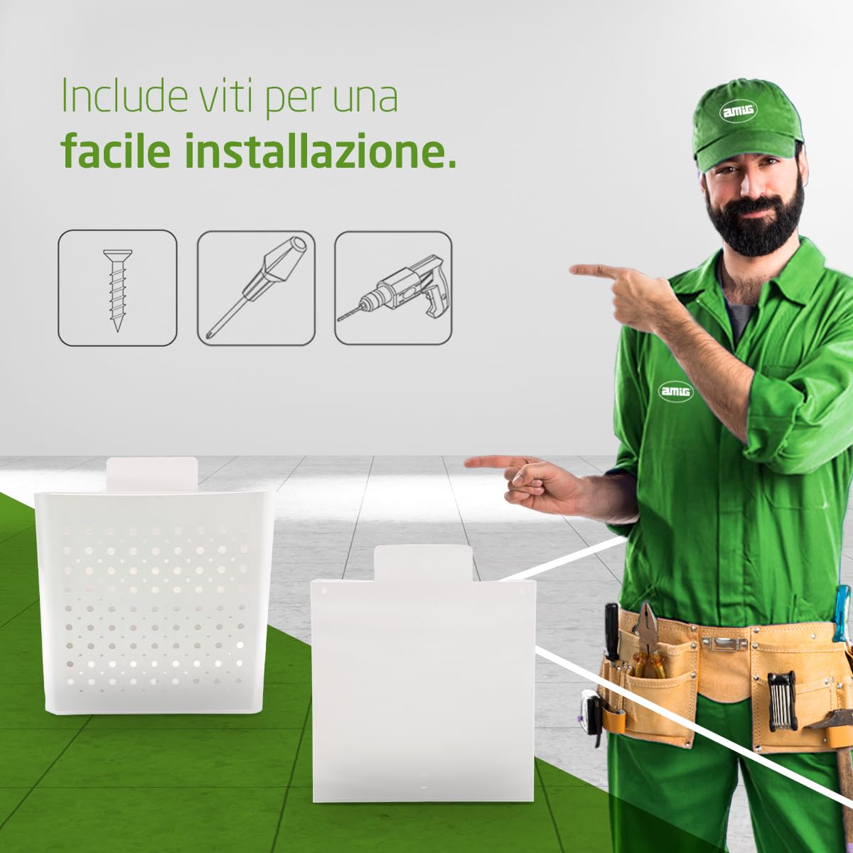 Amig - Cassetta postale - Cestino Pubblicitario con Griglia Frontale - Per propaganda - Per Pareti Esterne o Pareti di Portali o Ingressi - Acciaio - Bianco - 32 x 36 x 19 cm