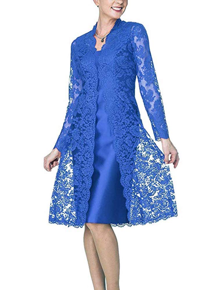Leader of the Beauty Women's 2 Pieces Mother of The Bride Dresses Tea Length Women's Formal Dresses with Lace Jacket 18 Blue