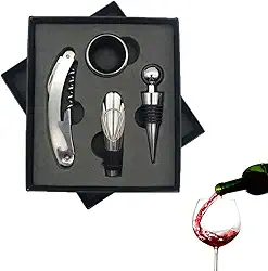 Kit Abridor de Vinho 4 Peças Premium – Saca-Rolhas em 2 Estágios, Dosador, Anel Anti-Gota e Tampa a Vácuo em Caixa Elegante Conjunto de Acessórios para Vinho