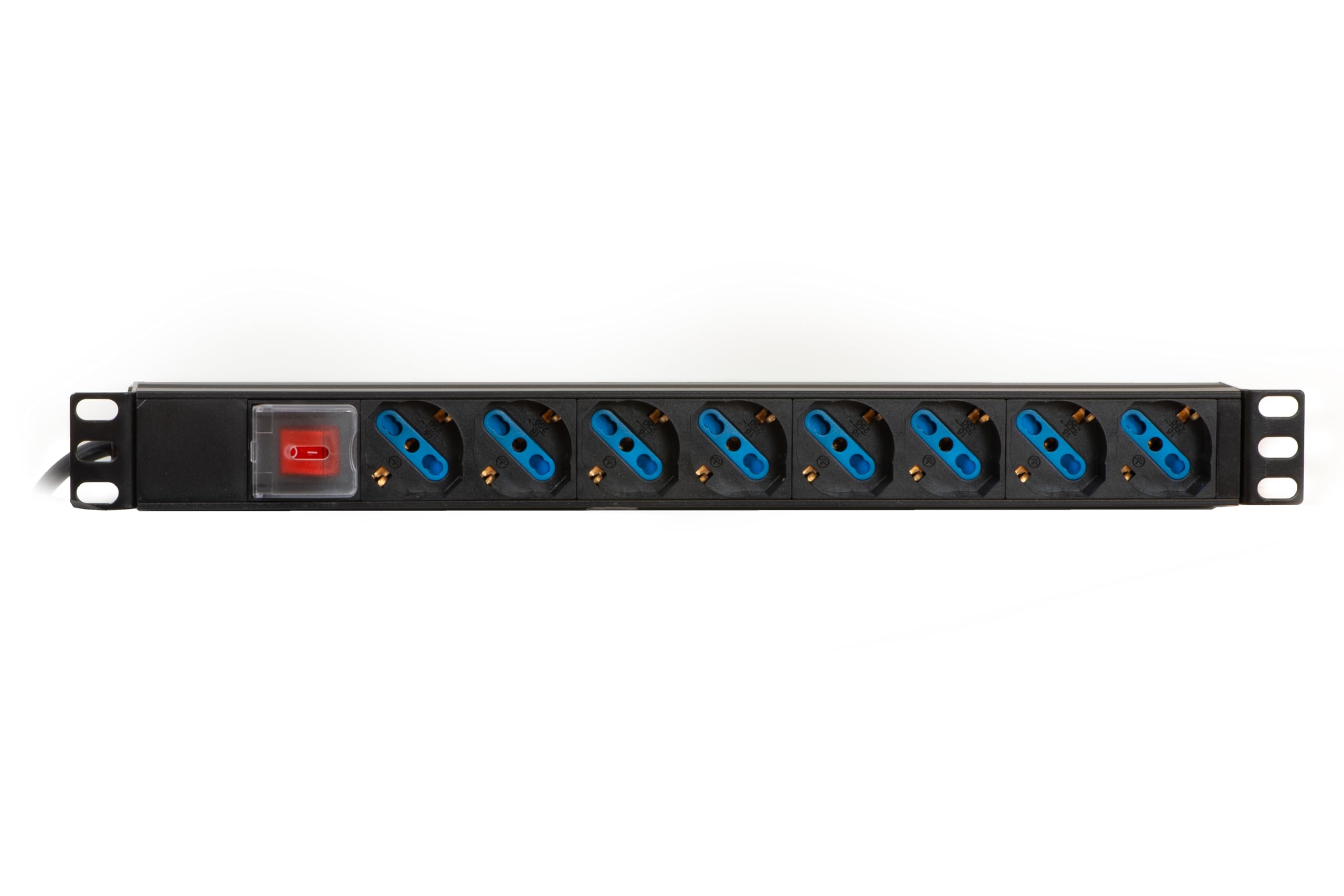 Link multipresa da rack LK10065 con 8 prese universali/Schuko/tripolari, con interruttore e spina C14. Per rack 19”, in metallo resistente, 3,5KW, misure 48,5x4,5x4,5. Alette reversibili.