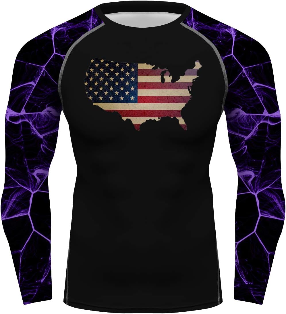Men's American Flag Sportswear Slim Fit Tshirt Long Sleeve Compression Fitness Tops