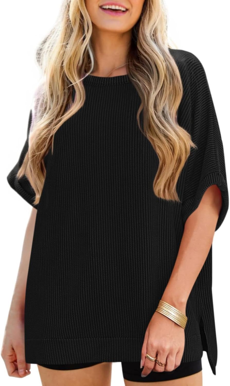 Batwing Tops for Women Half Sleeve Loose Fit Tunic Tops Ribbed Knit Oversized Dolman Sleeve T Shirts - Image 2