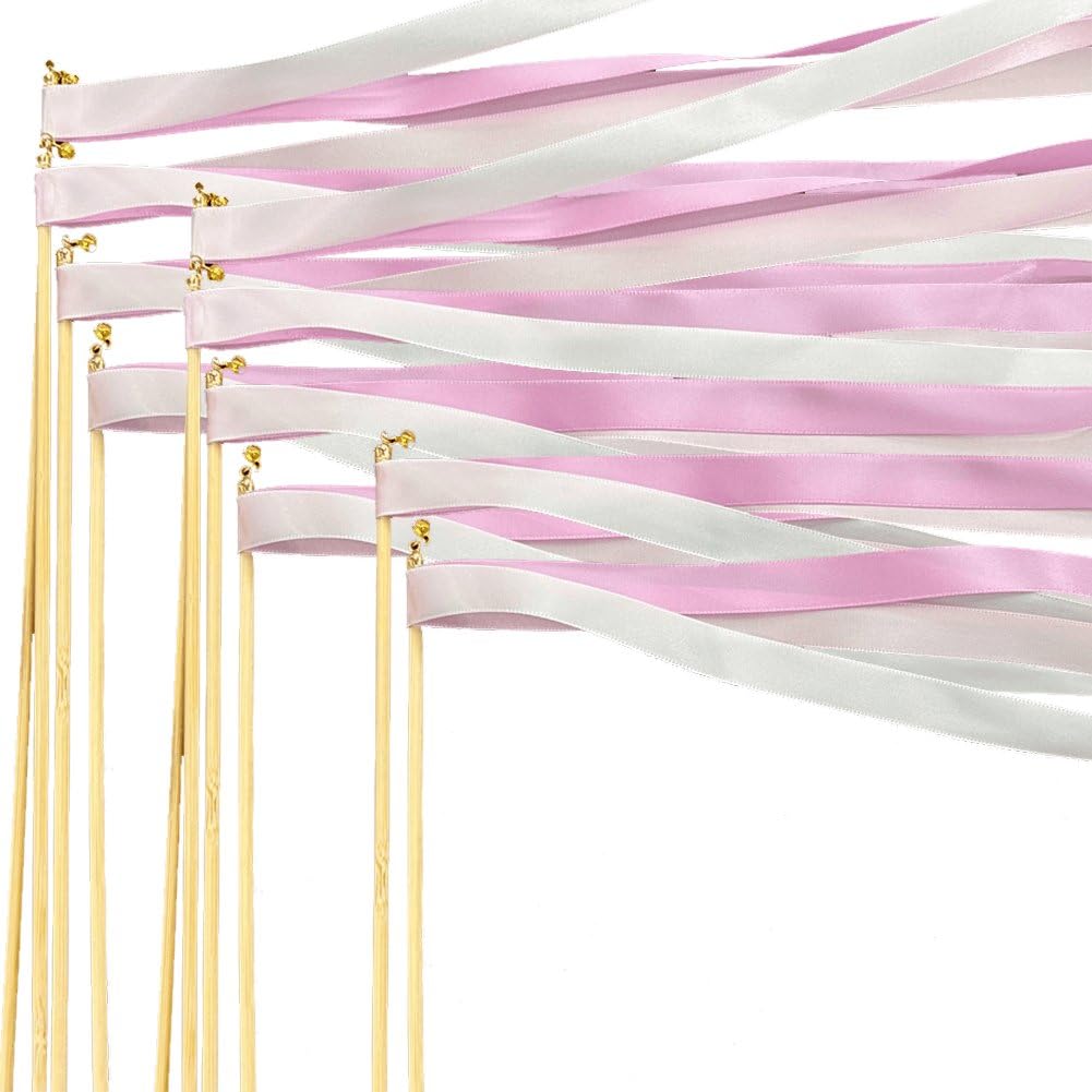 10pcs Ribbon Stick Wands with Bells Party Streamers Fairy Wand for Wedding Party Baby Shower Holiday Celebration Favors Pink