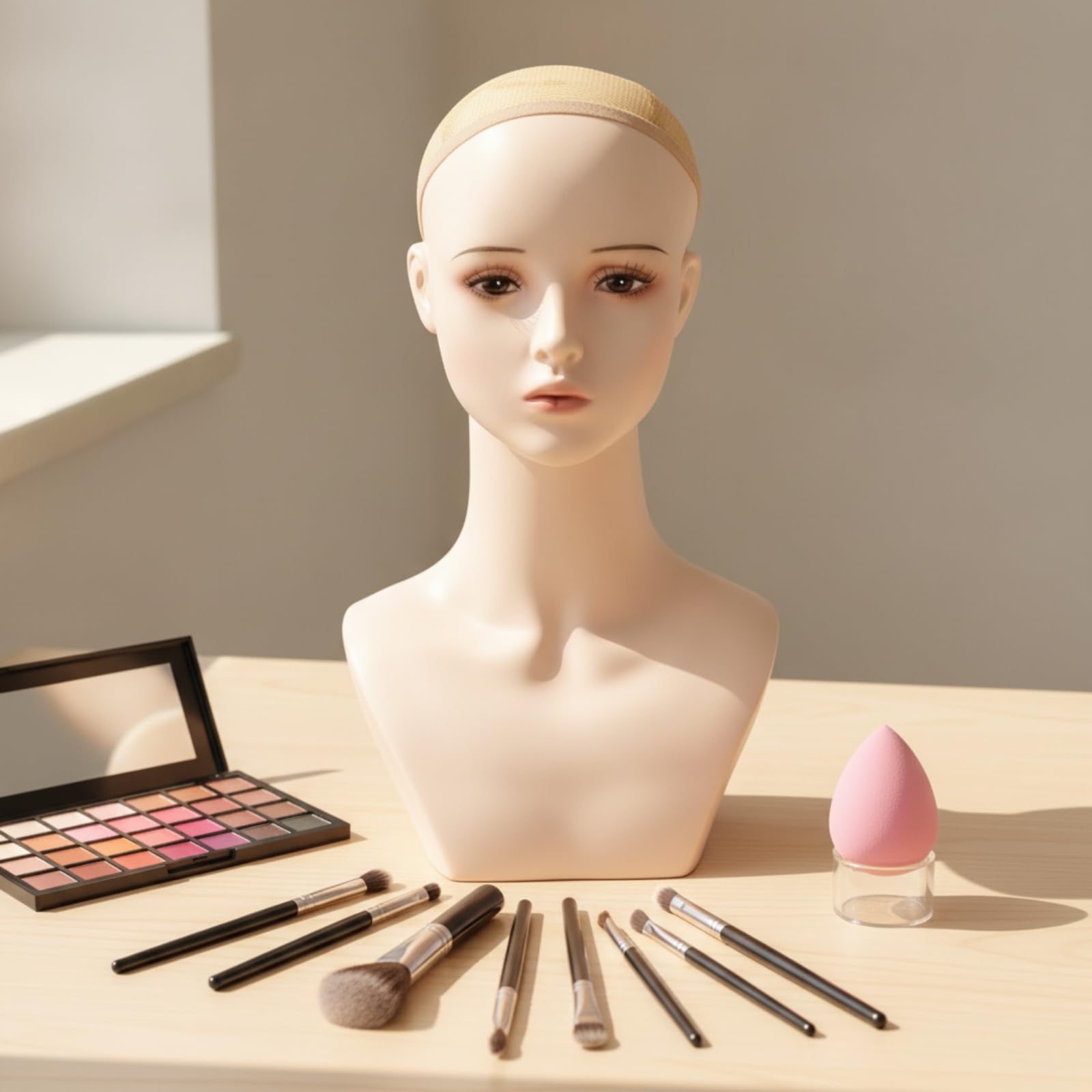 Testa per Parrucche Leggero | Realistico, Busto Manichino con Collo Lungo, Neutro, Busto Espositivo con Spalle Svasate, per Studio Fotografico, fotografo