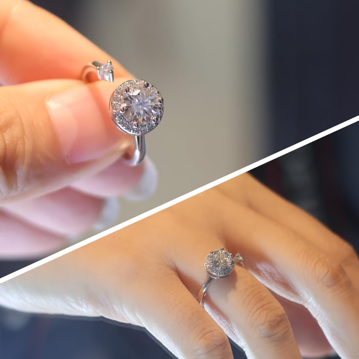FEIKFEIZ Damen-Moissanit-Ring, 1 CT im Labor gezüchtete Diamanten, 925er Silber mit 18K Weißgold plattiert, verstellbarer Silberring, Verlobungsring, Schmuckgeschenk.