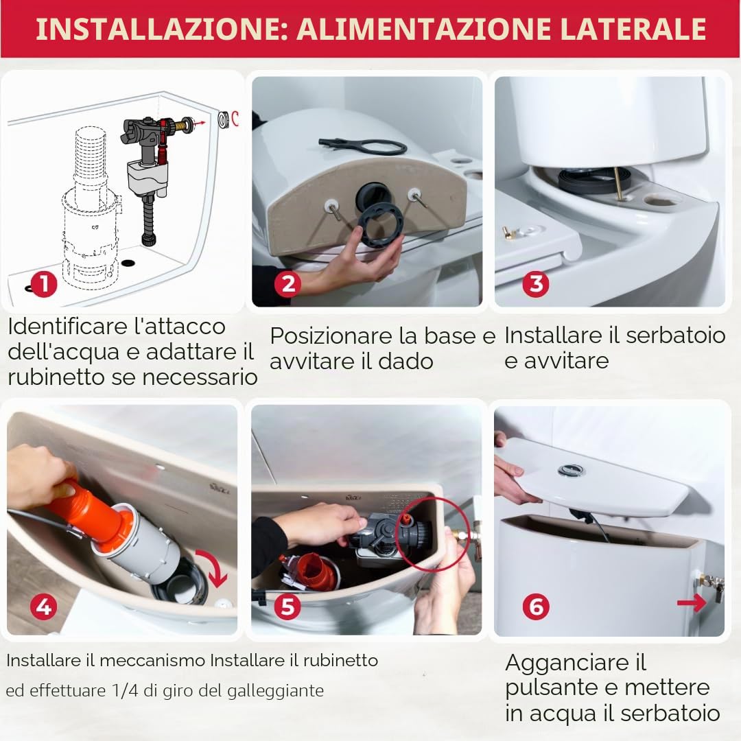 Wirquin 10723598 Caccia d'acqua wc completo meccanismo wc doppio caccia MW2 & rubinetto galleggiante a doppia alimentazione Doblo, grigio e rosso