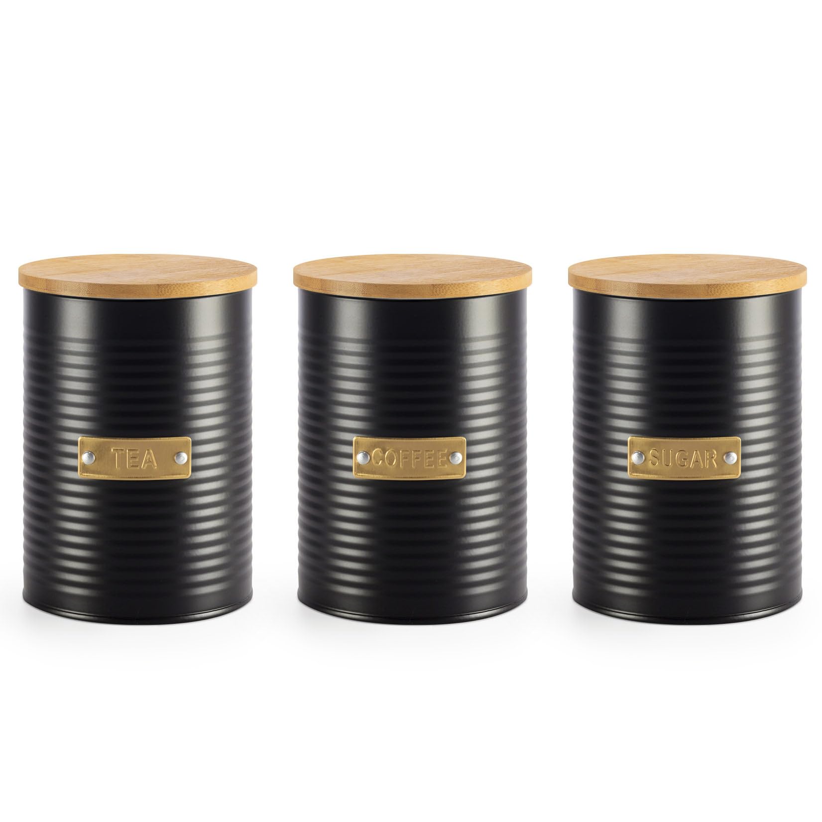 Ehc Black Set Of 3 Tea, Coffee & Sugar Airtight Kitchen Storage Canister Jars Containers, 1L