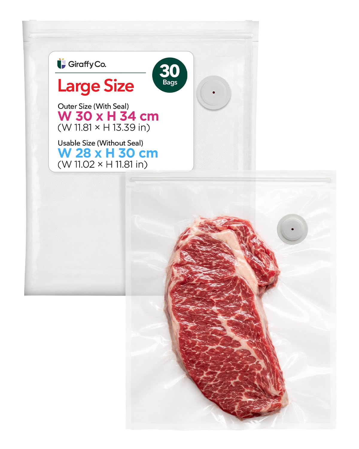 Giraffy Co. Reusable Vacuum Sealer Bags for Food, Large 30 pcs (30 x 34 cm / 11.8 x 13.4 in) – BPA-Free, Leak-Proof, Odor-Resistant Zip Bags with Air Valve, Compatible with Handheld Vacuum Sealers