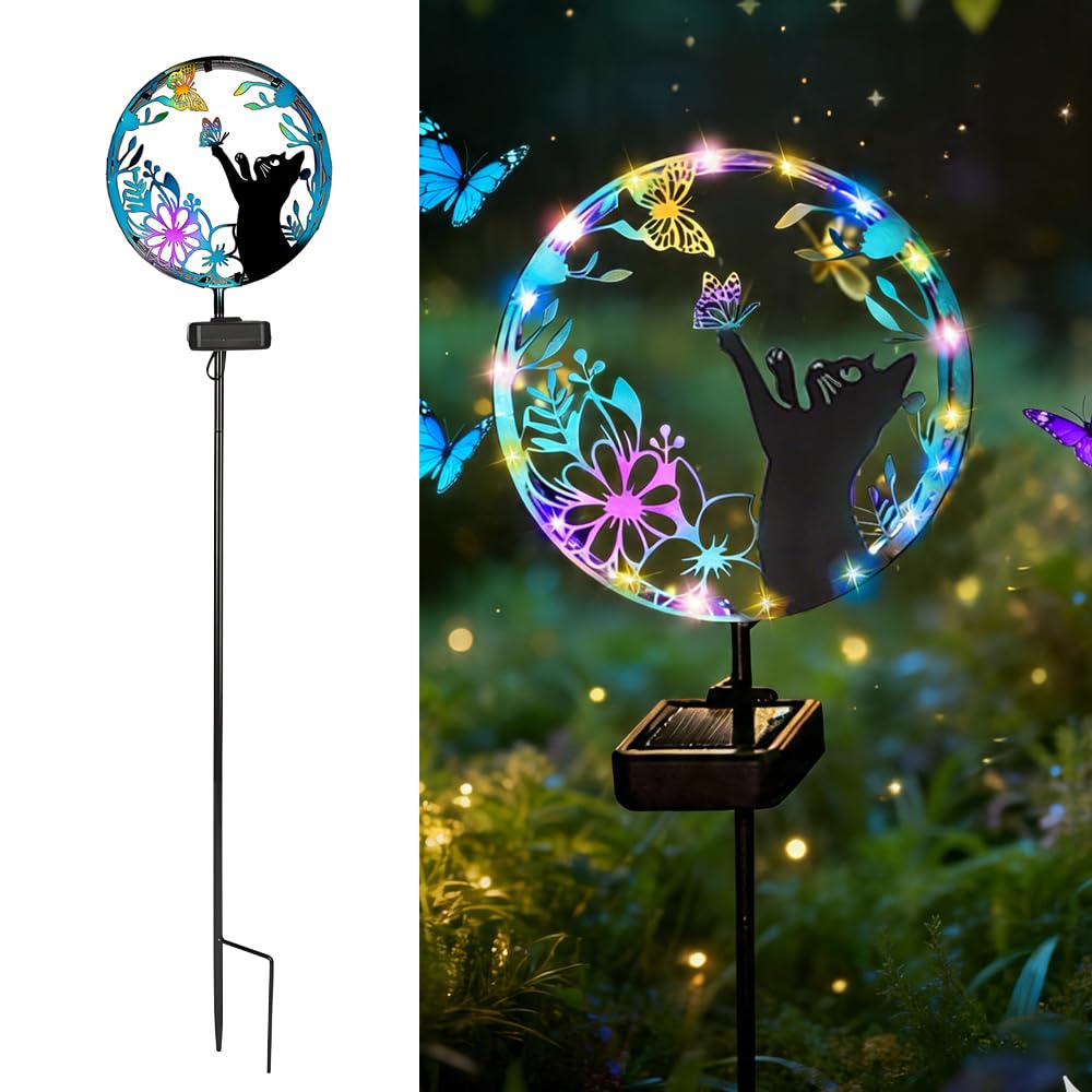 Solarstecker für Außen Garten, Solarleuchte Katze, Metall Solar Tiere für Außen Garten mit Schmetterling, Solar Gartenstecker, Gartendeko Solarlampen für Au-ßen Balkon Außenterrasse