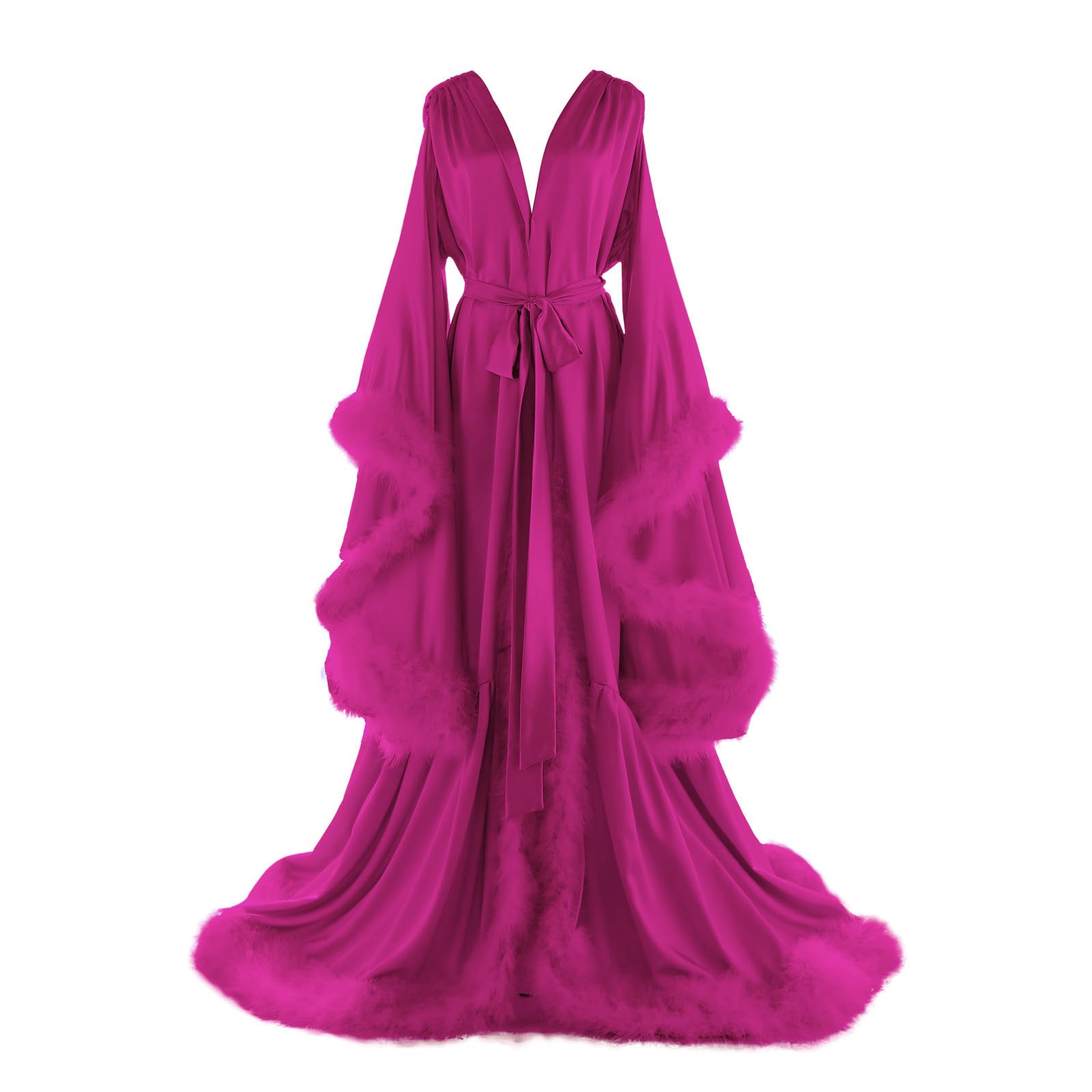 Women's Feather Bridal Robes Old Hollywood Maternity Photoshoot Nightgown Silk Bathrobe Long Lingerie