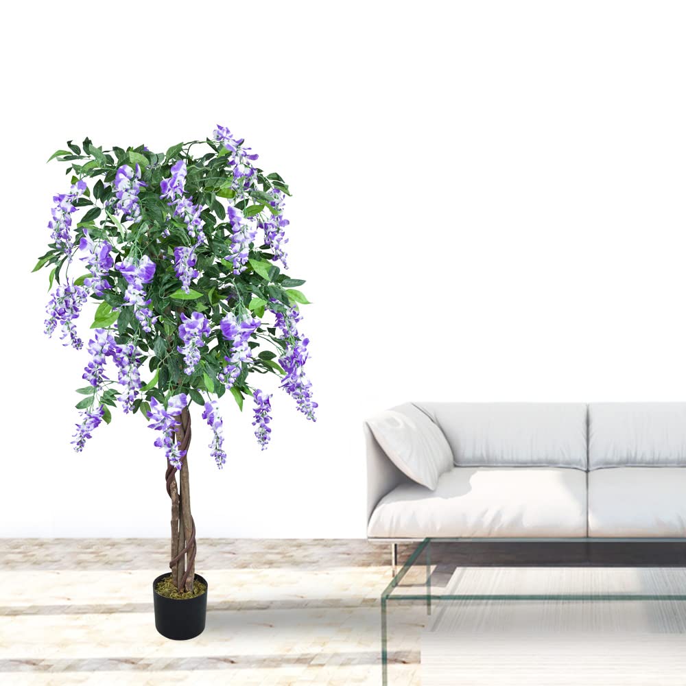 Wisteria Glycine Plante Arbre Artificielle Artificiel Plastique avec Bois Véritable 160cm Domaine Interne Decovego