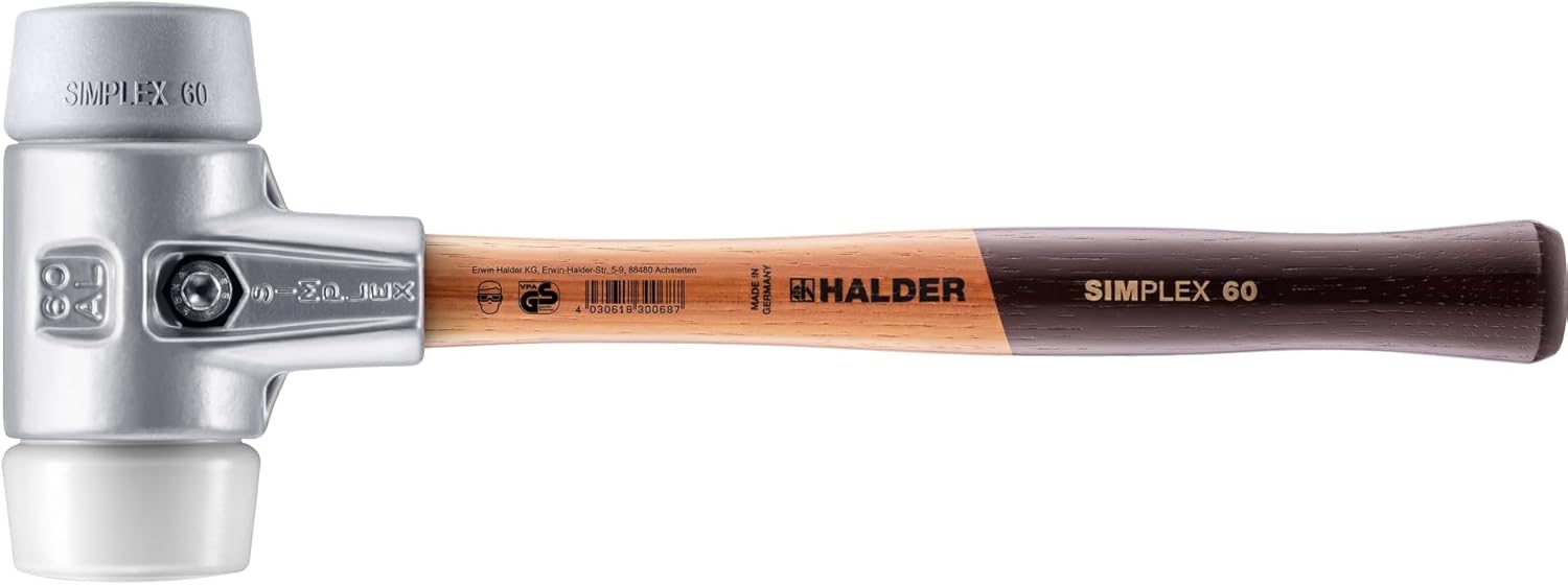 Halder Simplex Soft-Faced Mallet 3137.060 – TPE-Mid Insert, Hard Superplastic Insert, Lightweight Aluminum Housing with Handle Protection Sleeve, Varnished Wooden Handle, 60mm, 1.8 lbs.