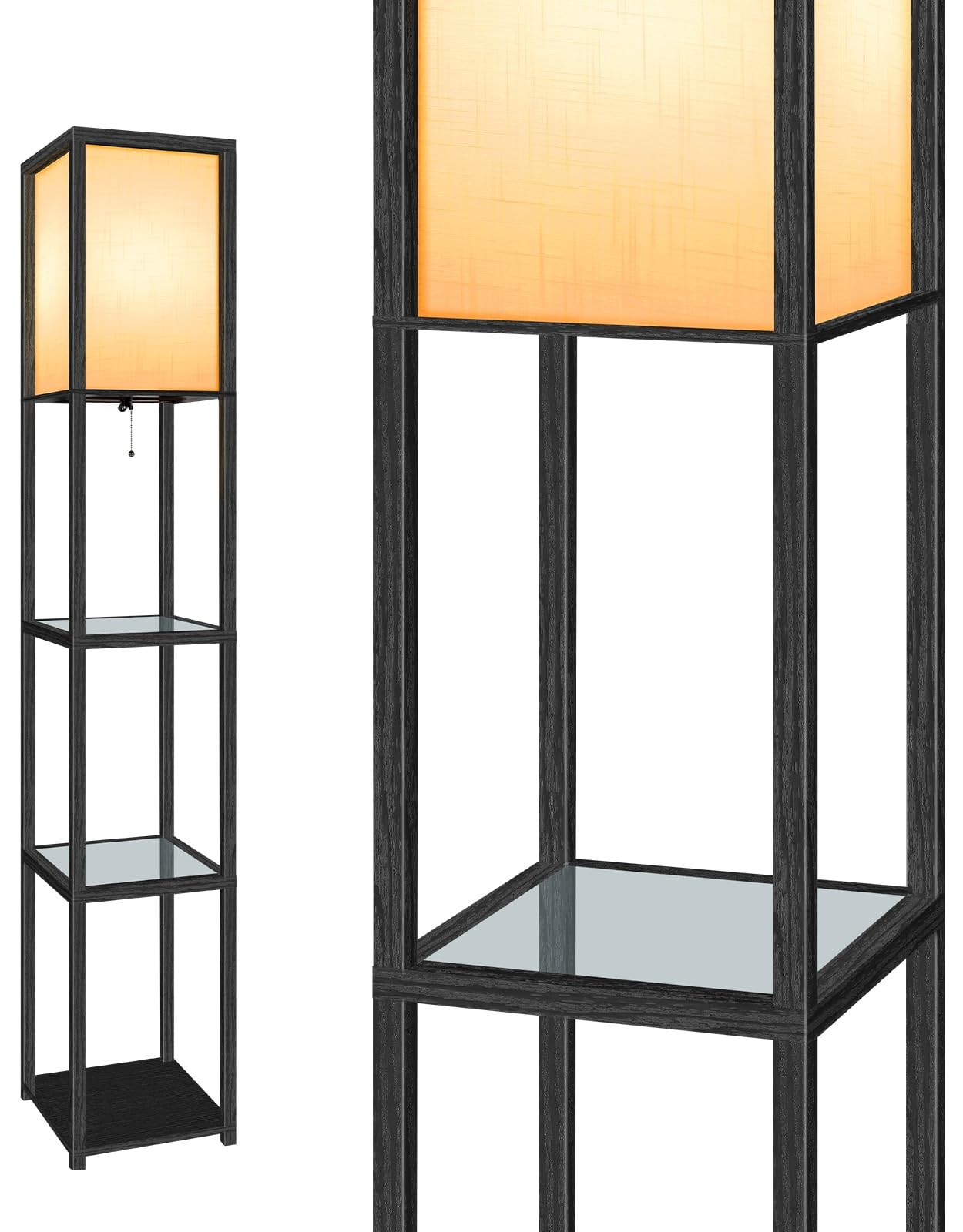 OUTON Stehlampe mit Glasablagen, 3000K-6000K Einstellbare Farbtemperaturen, LED Moderne Säulenstehlampe, Holz Eck-Display Stehleuchte für Wohnzimmer, Schlafzimmer, Büro, Schwarz