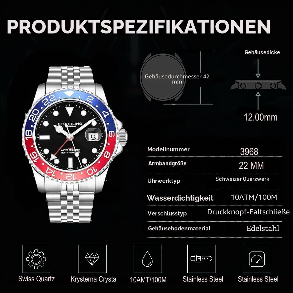 Stuhrling Original Herren-Armbanduhr mit Edelstahl-Jubilee-Armband und GMT-Funktion – 42 mm Quarz-Analog-Armbanduhr für Herren, Quarzuhr, Edelstahlgehäuse, Freizeituhr, wasserdichte Uhr