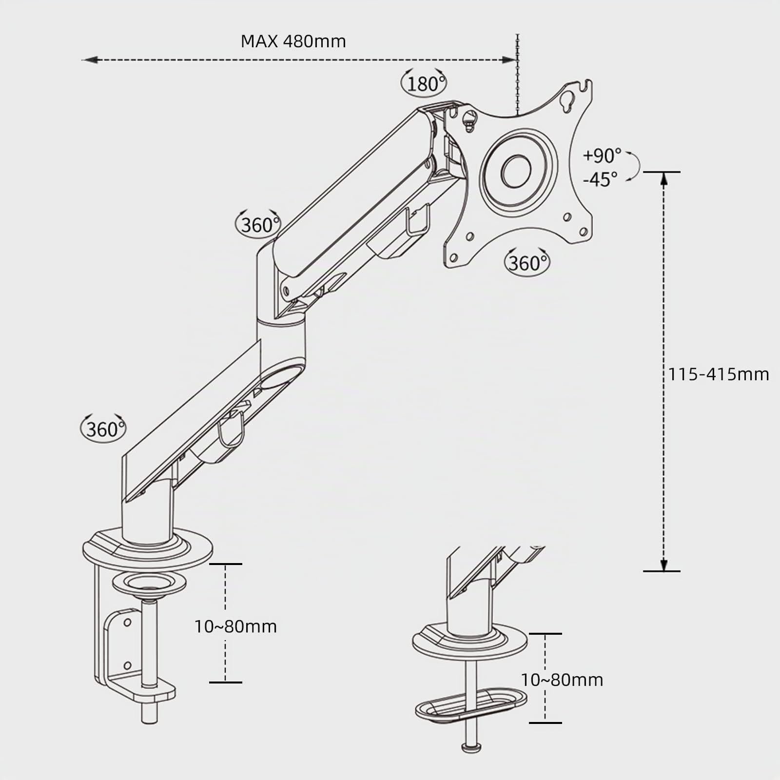 Support Écran PC Moniteur Bras Simple de 17 à 34 Pouces Ergonomique Ressort à Gaz Réglable Fixation Bureau Rotatif à 360° Capacité de Charge 2-9 kg VESA 75x75mm et 100x100mm M5B Noir