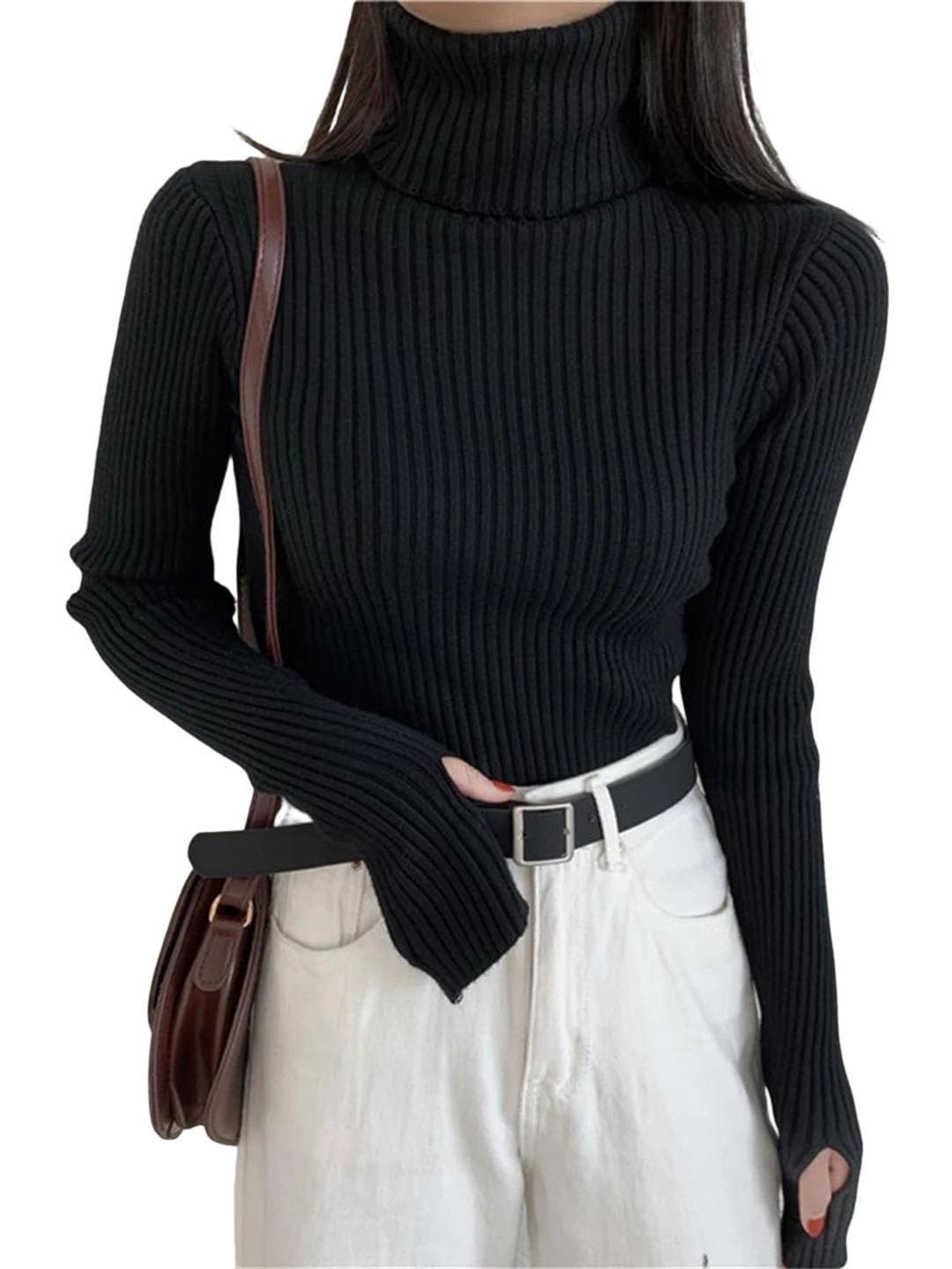 Women Winter Knitted Turtleneck Slim Elasticity Pull with Thumb Hole Sweater Black