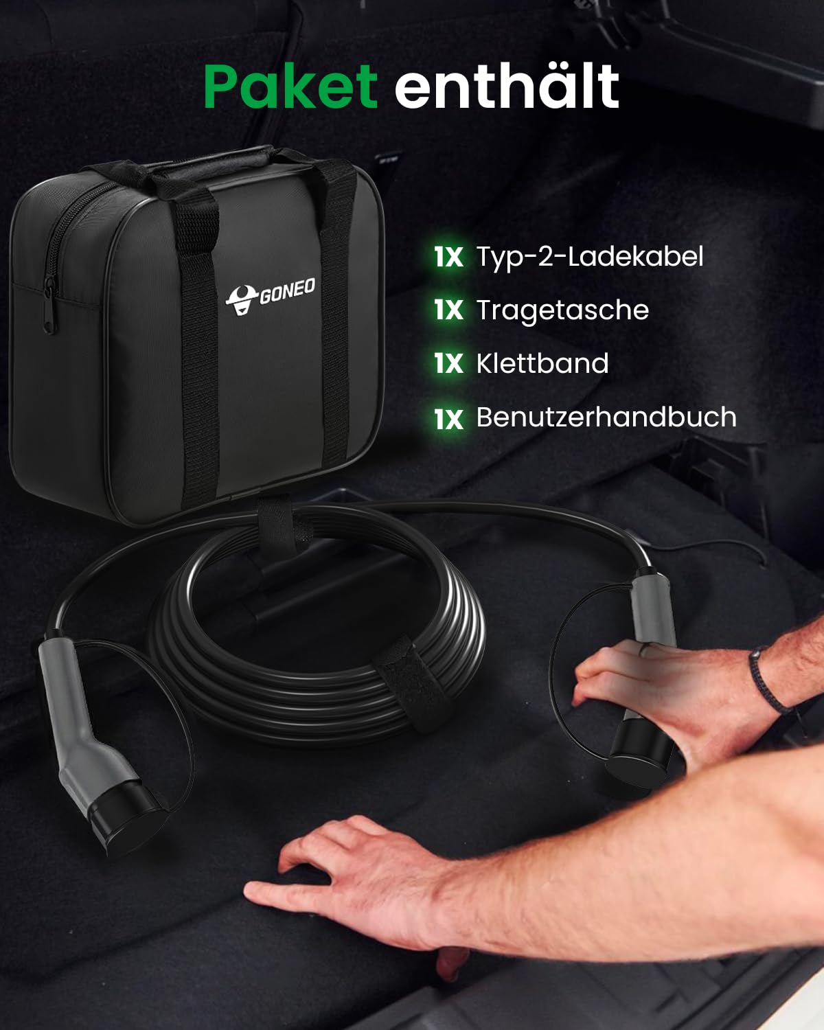 GONEO Typ 2 Ladekabel 11kW 10M, 16A 3-Phasig Mode 3 Schnellladekabel, IP54 TPU Abriebfest, Kompatibel mit Tesla/VW/BMW/Audi, für Elektroauto & PHEV, inklusive Tragetasche