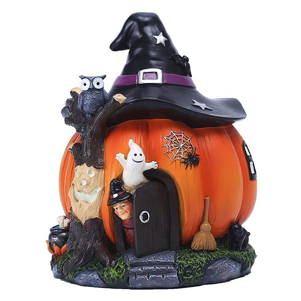 Rainbowbeauty As Show Luminous Pumpkin House Pumpkin Witch Ghost Resin Fairy House Garden Statue Halloween Themed Ornament Garden Art Crafts, 20*14*14.5