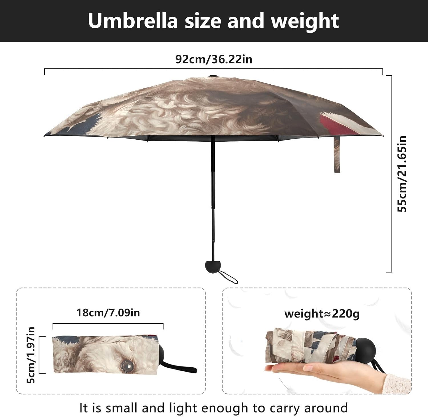 5 Fold Travel Umbrella for Rain Sun & UV Protection, American Usa Flag Dog Windproof 6 Ribs UPF 50+ Compact Lightweight Folding Umbrella for Adults & Kids