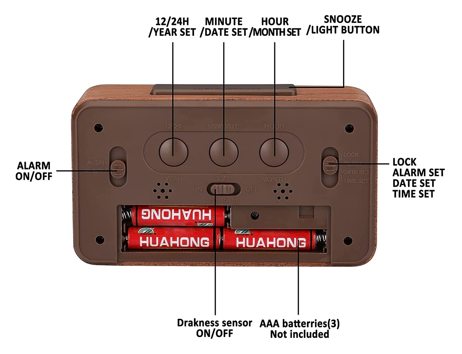 WTL Despertador Reloj de alarma digital de madera, grande DIRIGIÓ Mostrar reloj de alarma de grano de madera, sensor inteligente Luz de noche, snooze y temperatura, Operado por batería, Reloj desperta