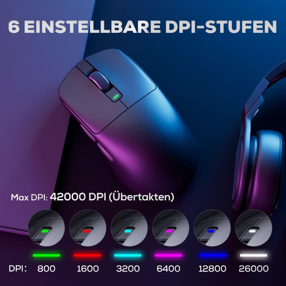 RK ROYAL KLUDGE M3 Wireless Gaming Mouse mit PAW3950 30K DPI Sensor, 47g Lightweight Maus Gaming, 8K Polling, Kabelgebunden/2.4G/BT Wireless Mouse, 650mAh, 5 programmierbare Tasten, Schwarz