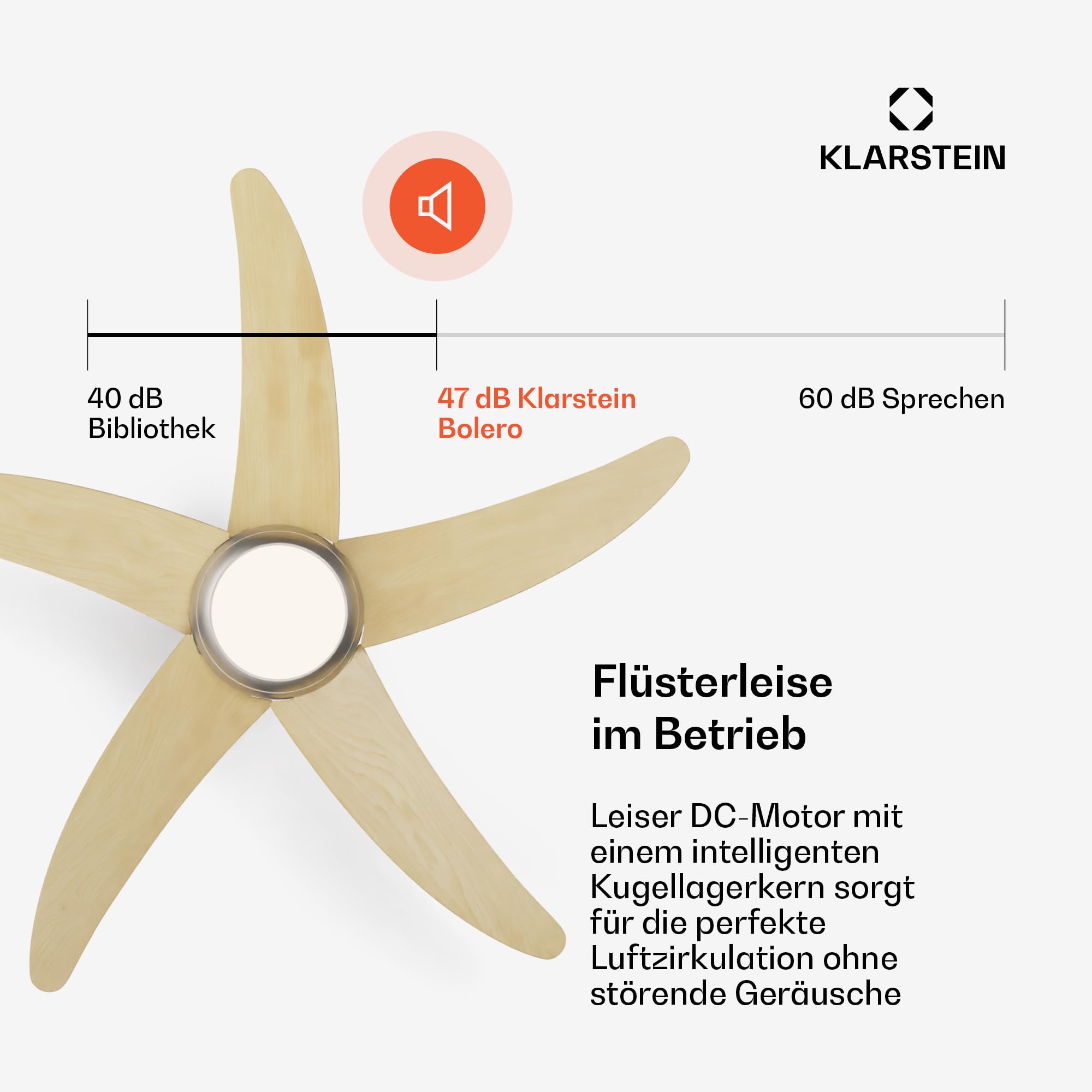 Klarstein Bolero Deckenventilator Mit Beleuchtung – Smart App & Fernbedienung, 132cm, 6 Geschwindigkeiten, Sommer & Wintermodi, Leise, Energieeffizient, E27 Fassung