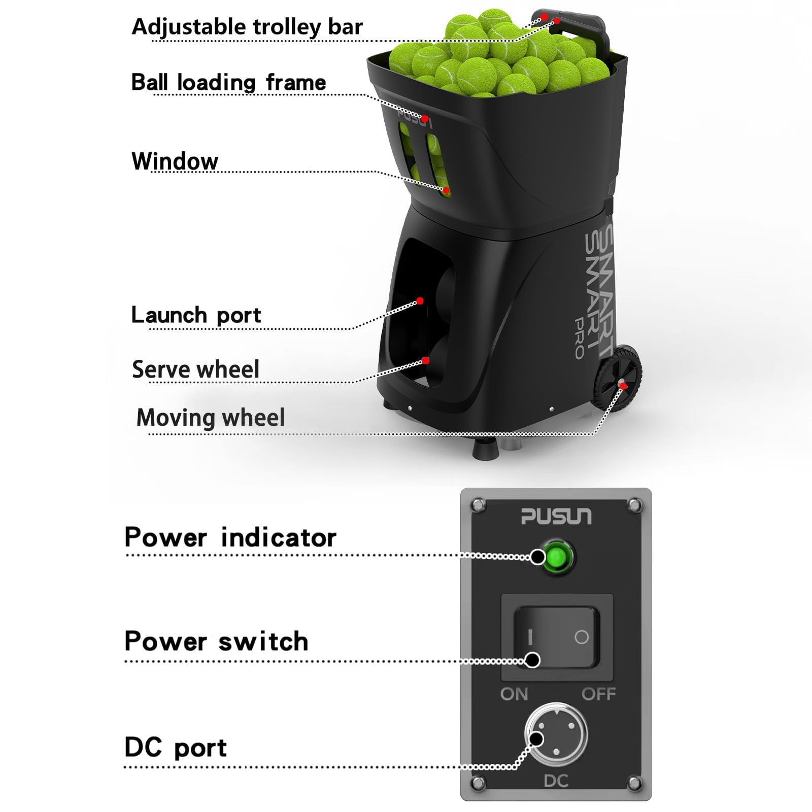 PUSUN PT-Smart Pro Máquina Lanzapelotas de Tenis Profesional Control App Remoto 12 Modos Entrenamiento 4-6 Horas Batería