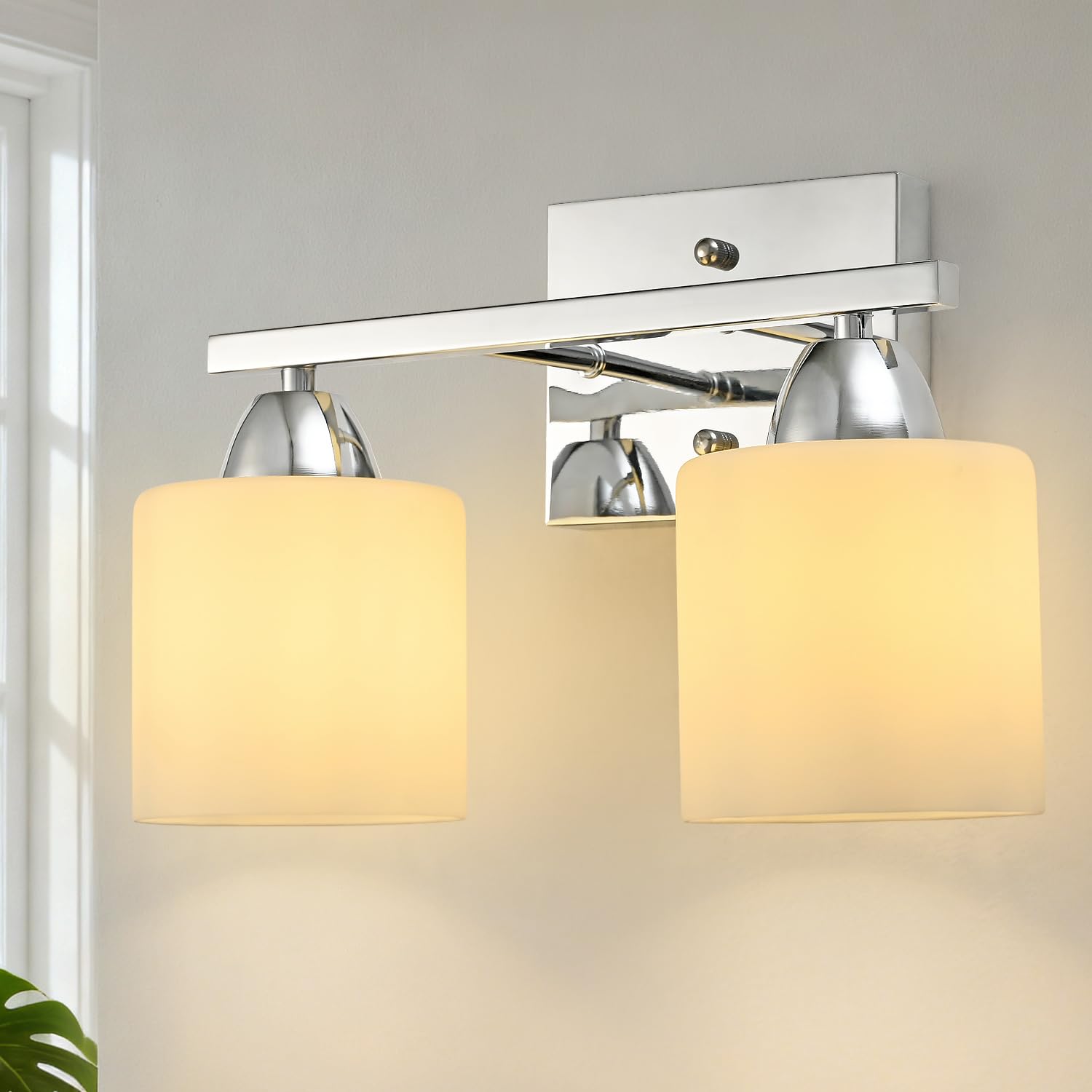 ChenSolara Modern 2 Light Wall Sconce, Chrome Double Vanity Wall Light with Frosted Glass Shades, E26 Bathroom Wall Lamp, Decorative Lighting for Bedroom & Living Room