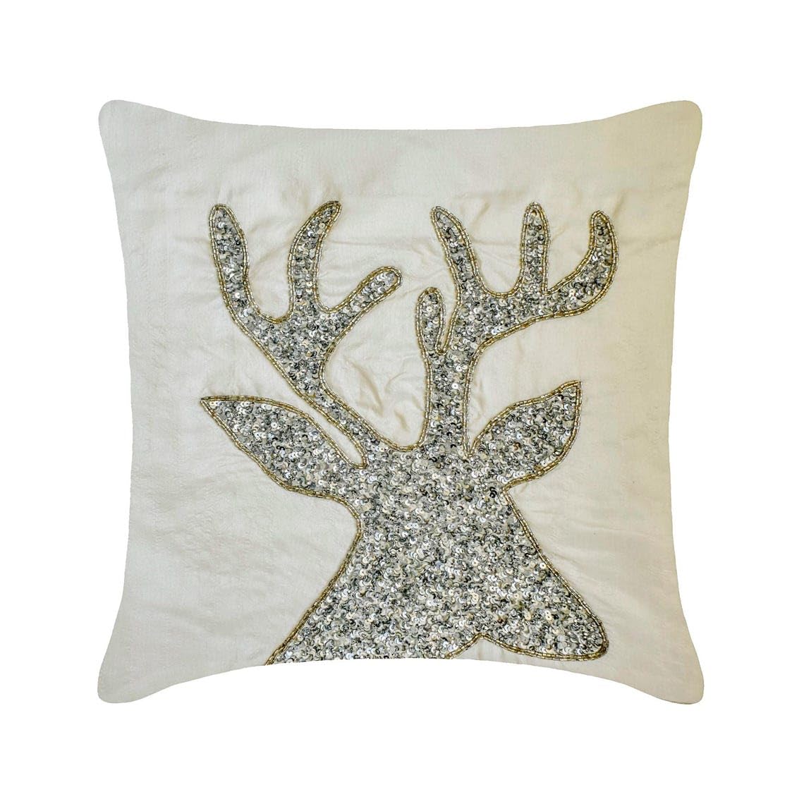 Almohadas navideñas navideñas Decorativo Blanco y Plata Fundas de colchón, 60 x 60 cm Seda Cojin Navidad decorativa Funda de almohada, Cabeza de reno Moderno Fundas de colchón - Sequined Antlers