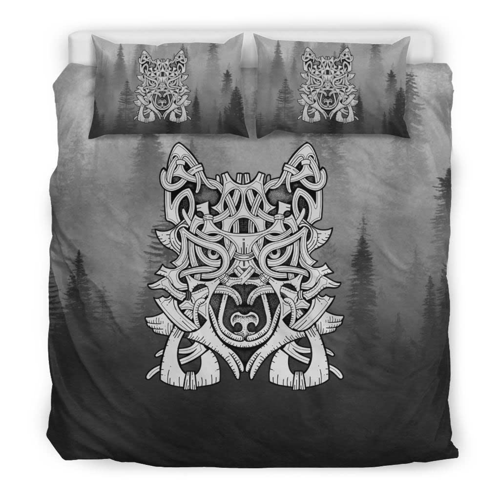 Housse de couette loup celtique parure de lit Viking King Size gris 2 taies d'oreiller