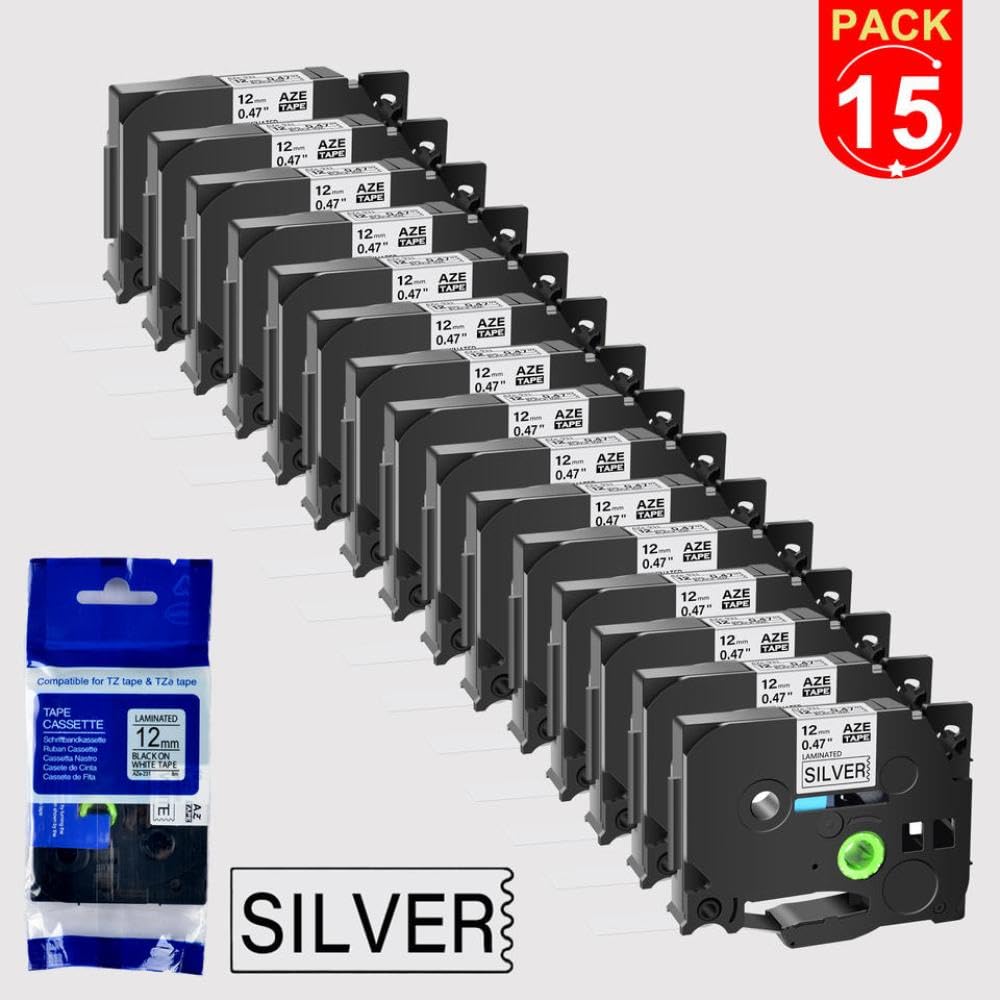 Ruban d'étiquettes Noir sur Argent, 15 Paquets, Compatible avec TZE-931, Ruban d'étiquettes laminé Standard de 12 Mm Compatible avec imprimante PT-1010