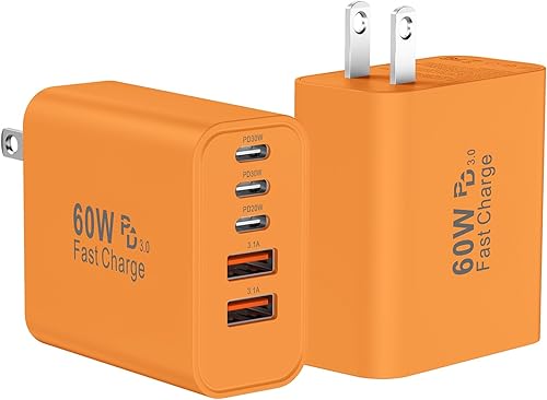 Miniatura 11 de Bloque de cargador de pared rápido USB C, paquete de 2 cubos de carga USBC de 60 W, adaptador de corriente PD+QC de 5 puertos ladrillo multipuerto