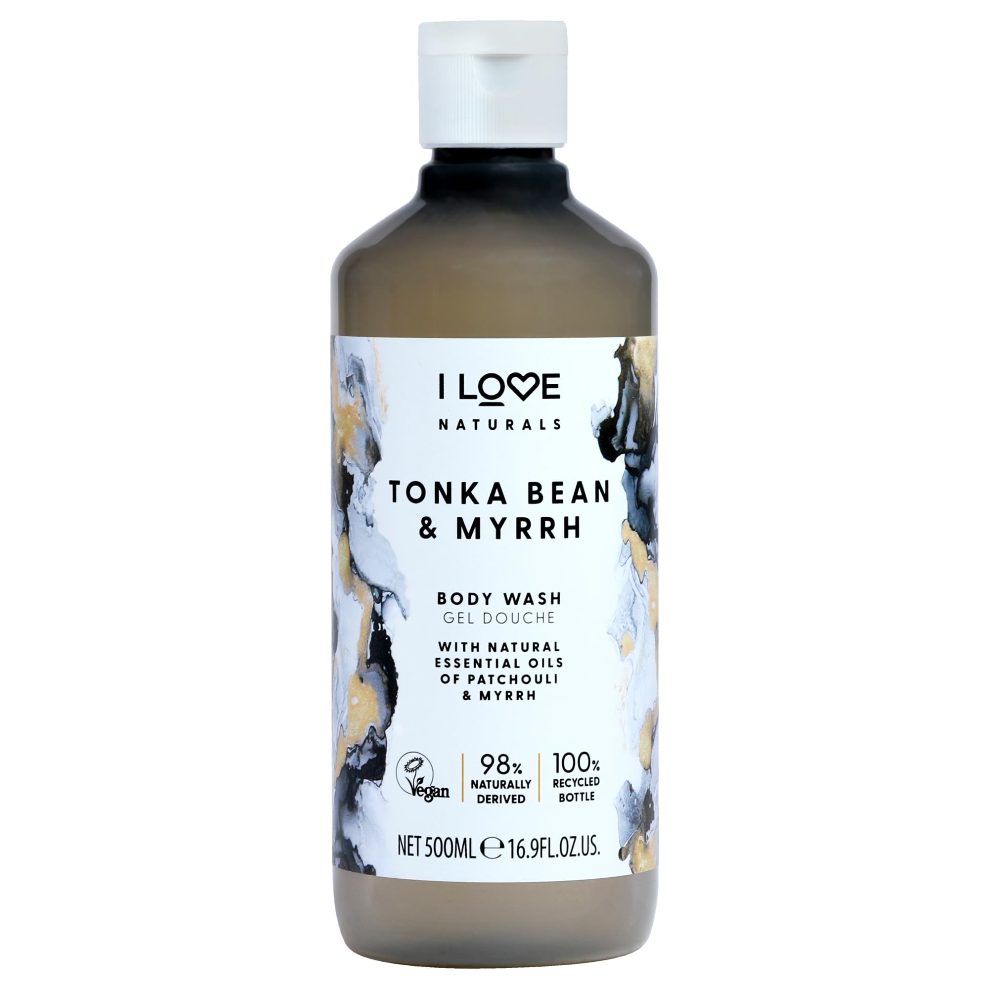 I LOVE Naturals Gel Douche Tonka Bean & Myrrh – Aux Huiles Naturelles de Patchouli & Myrrhe – Formulé avec Huiles Essentielles – Peau Hydratée & Douce – Bouteille 100% Recyclée – Vegan-​Friendly 500ml