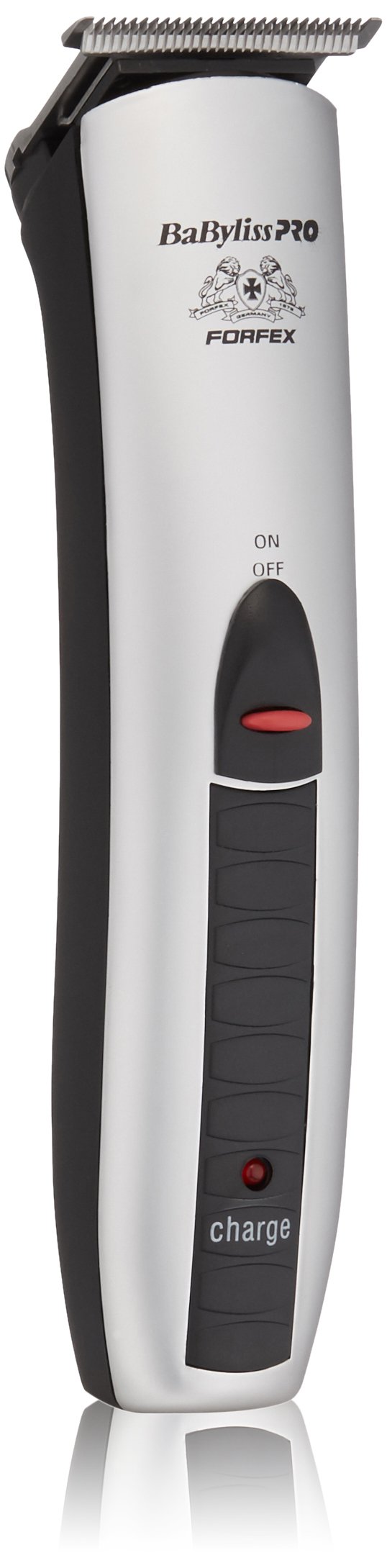 BaBylissPRO FX780 Cord/Cordless Trimmer in its charging stand with comb attachments.