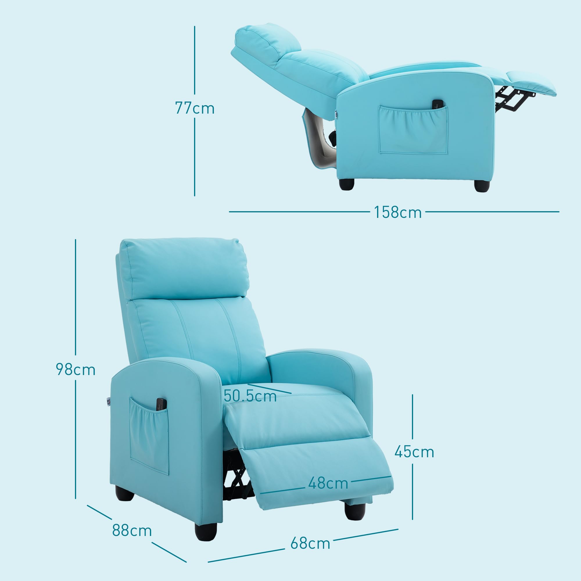HOMCOM Poltrona Relax Massaggiante con 8 Modalità e 5 Intensità, Poltrona Reclinabile con Poggiapiedi e Telecomando, Pelle PU - 68x88x98 cm, Azzurro