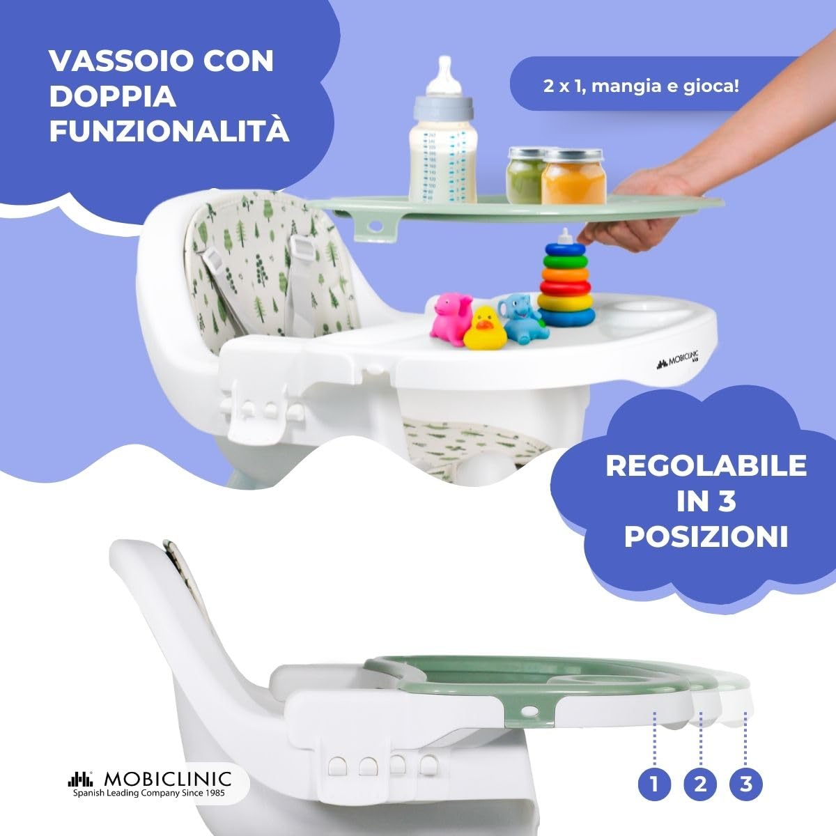 Mobiclinic® kids, Seggiolone evolutivo, 2 in 1, Altezza regolabile, 6-36 mesi, Forest, Cintura di sicurezza a 5 punti, Ruote rimovibili, Fino 35 kg, Cestino portaoggetti, Girevoli 360º