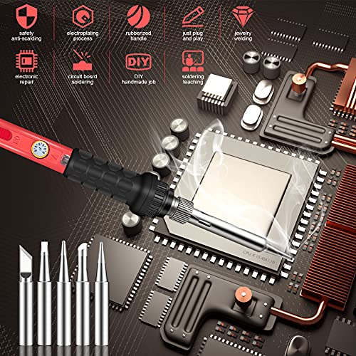 Soldering Kit, 60W Soldering Iron, 110V Welding Kit with Ceramic Heater, Portable Solder Irons with 5pcs Extra Tips, Stand, Solder Tube, Sponge, for Electronic Repair - Image 5