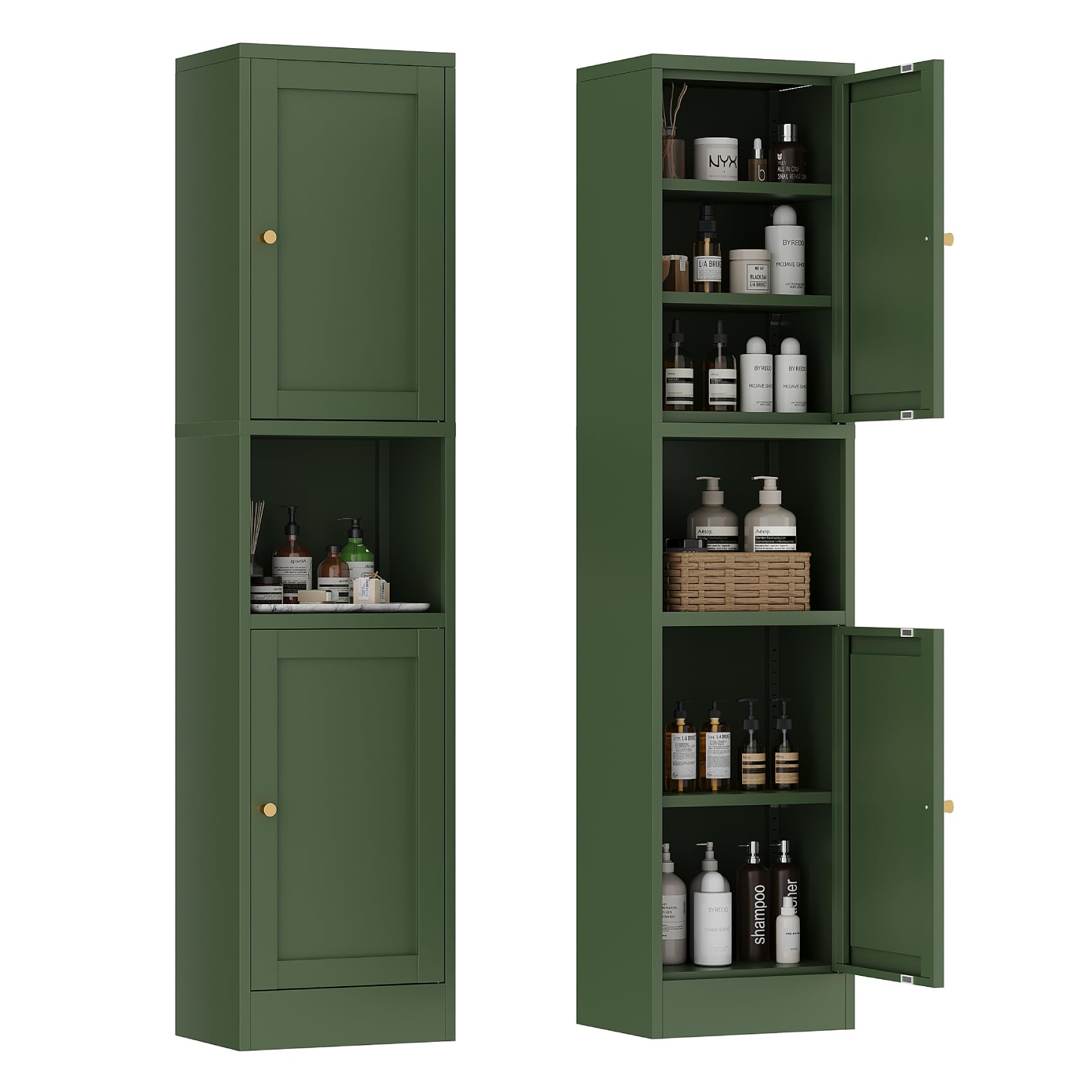 67" Tall Narrow Storage Cabinet with Doors and Open Shelf,Metal Pantry Cabinet,Shaker Style Slim Cabinet with Adjustable Shelves,for Bathroom Kitchen Laundry Small Spaces,Forest Green,1Pc