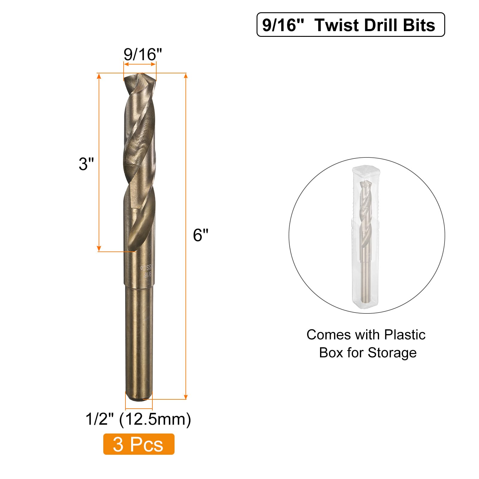 uxcell 3 punte elicoidali per trapano M35 al cobalto da 9/16", punte elicoidali per acciaio inossidabile, metallo temprato, ghisa, alluminio, rame, acciaio legato morbido, legno, plastica