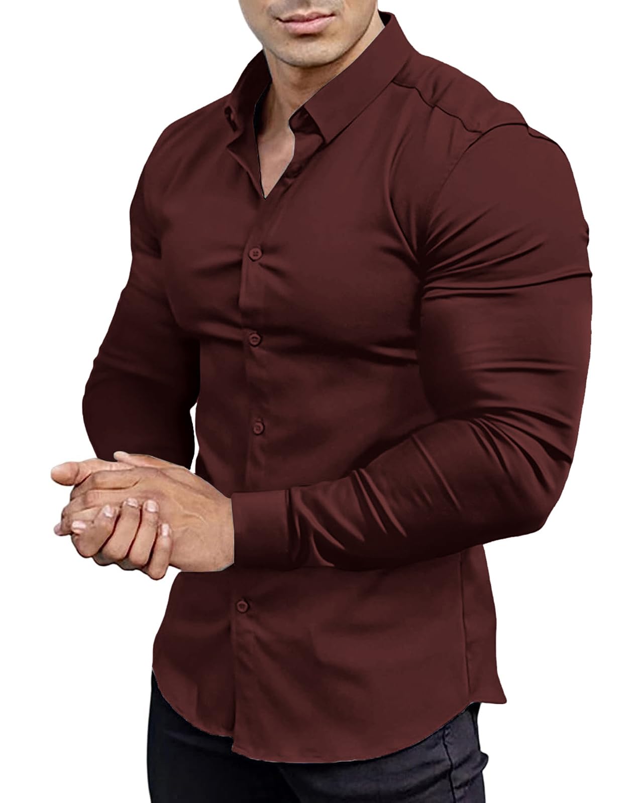Mens Stretch Wrinkle-Resistant Solid Color Long Sleeve Dress Shirt Slim Fit Casual Button Down Shirt