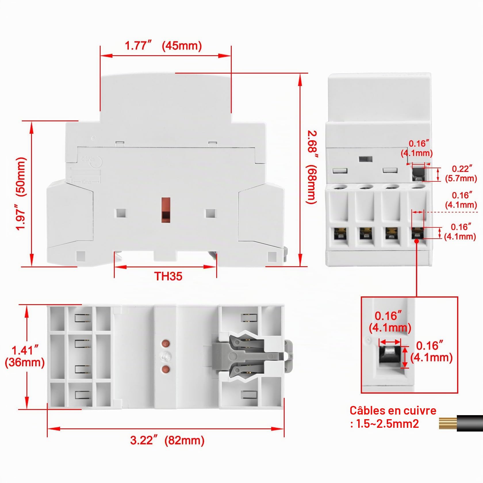Heschen Contacteur ca domestique, HS1-25, Ie 25A, 4 pôles, 2NO 2NC, AC12V Tension de la bobine, 35mm Montage sur rail DIN