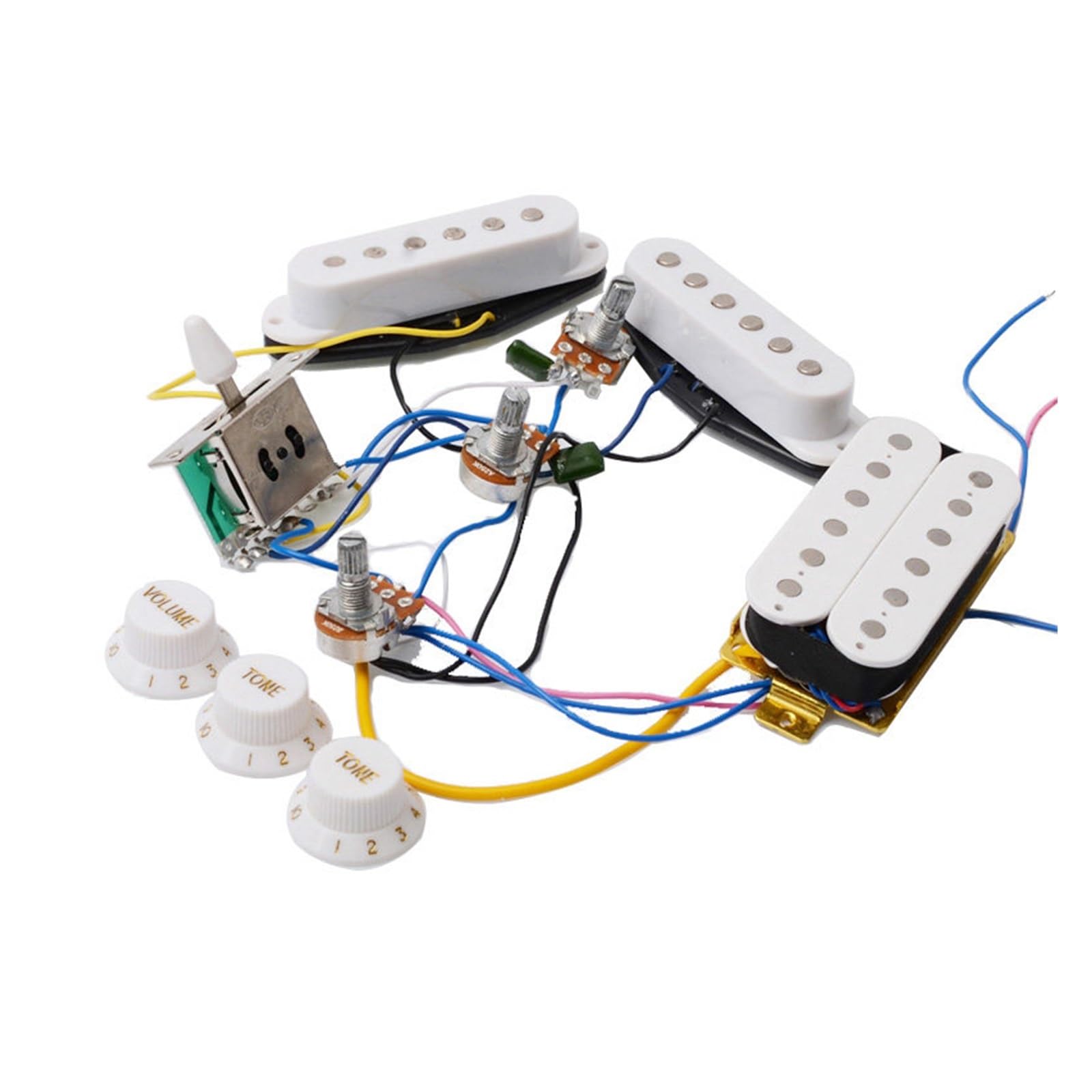 Pastilla de guitarra eléctrica Kit Completo De Cableado Para Pastilla De Guitarra Eléctrica Potenciómetros De 250K Salida De 6.35mm(White,SSH)