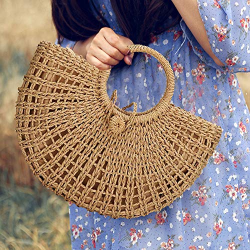 Image of YYW Beach Totes Bags for Women Summer Large Straw Hand-woven Top-handle Handbag Sea Straw Bag Beach Rattan Clutch Purse