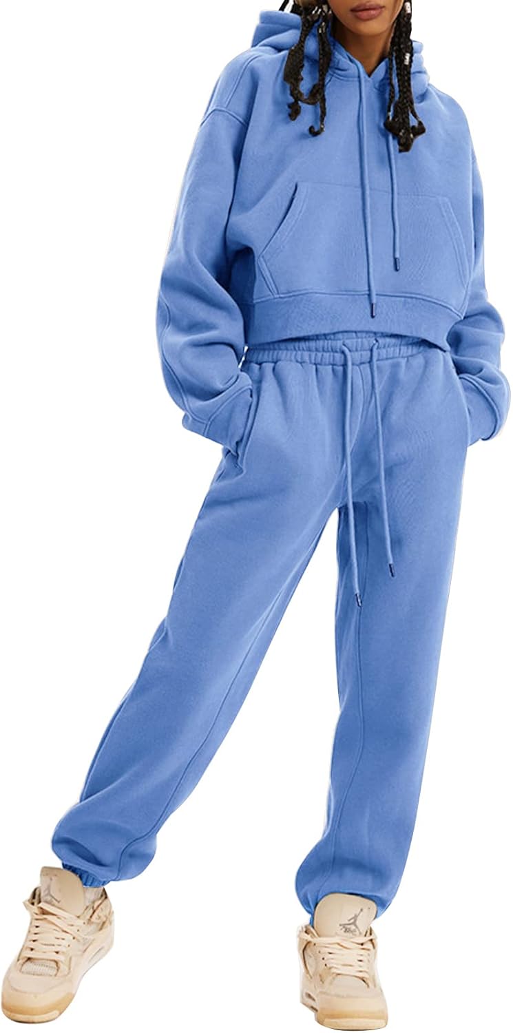 Kissonic Women's Fleece Jogger Sets 2 Pieces Sweatsuits Outfits Crop Top Hoodies Jogger Pants - Image 2