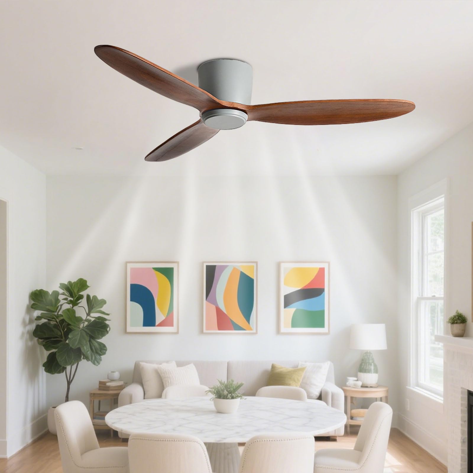 Ibalody Grey Low Profile Ceiling Fan Without Lights Flush Mount 42In Ceiling Fans With Remote Control Walnut Wood Ceiling Fan No Light 6 Speeds, 3 Wood Blades For Bedroom Living Room Dining Room (Gray)