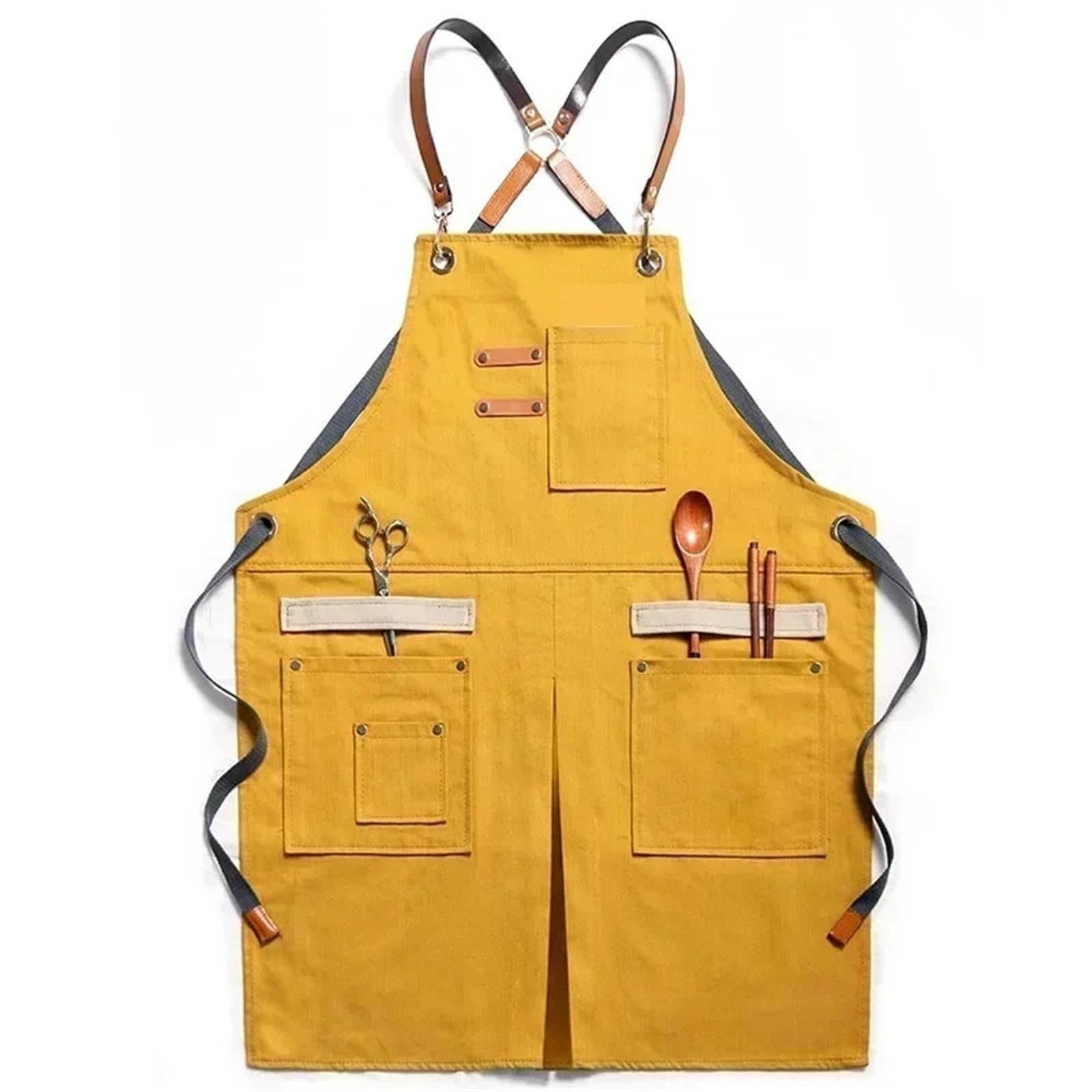 Avental de Ferramentas Delantal de trabajo unisex de lona resistente con bolsillos for herramientas, correas cruzadas ajustables for carpintería y pintura. para Carpinteiro Jardim Pintor(Yellow)